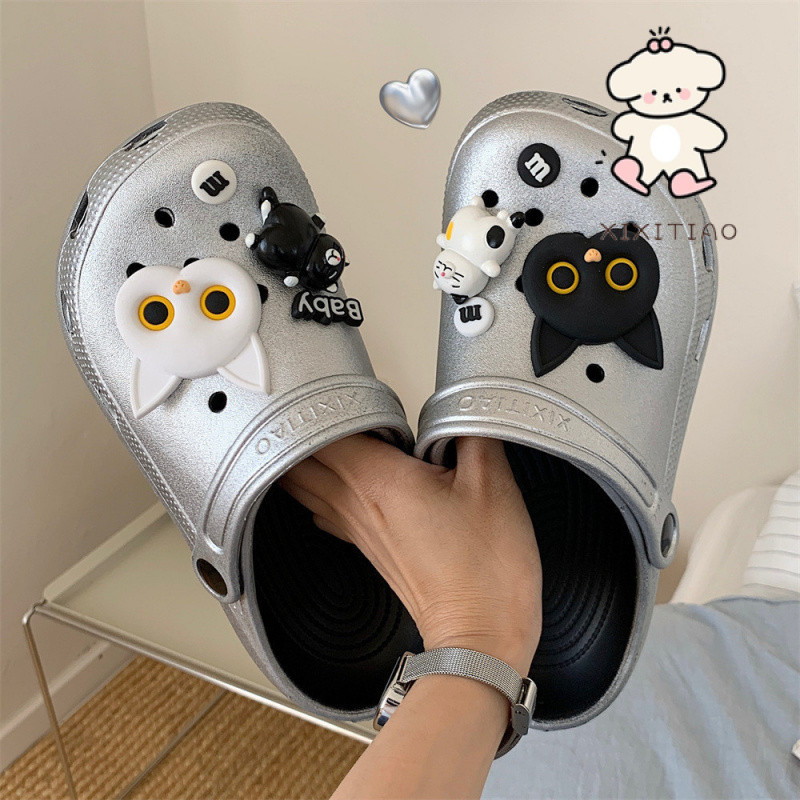 Xixitiao Sandal Ngoài Trời Hoạt Hình Dễ Thương Đen Trắng Mèo Con Mùa Hè Phong Cách Mới Đế Mềm Bạc Nam Nữ