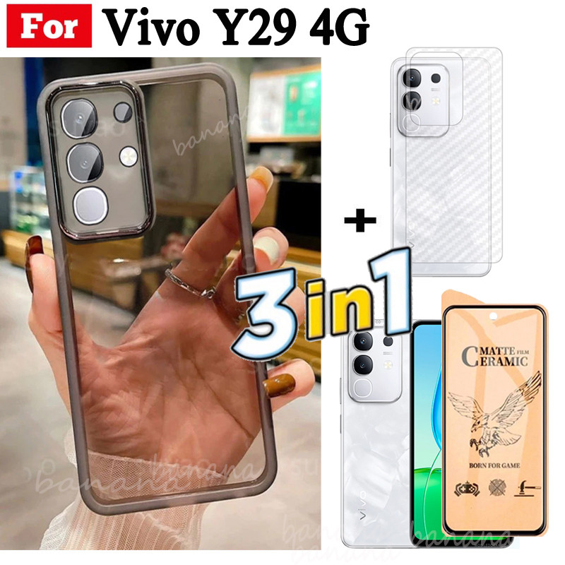 Ốp điện thoại Vivo Y29 4G Y19S Vỏ mềm trong suốt mạ bảo vệ Camera và kính cường lực và mặt sau 3 trong 1