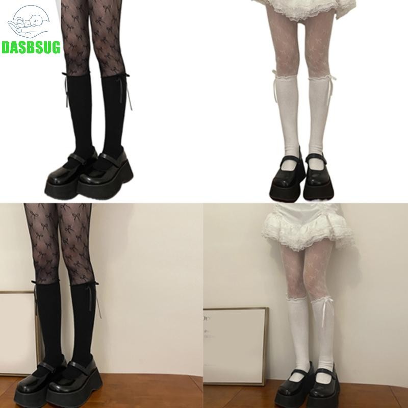 Dasbsug Nữ Nơ Dài Tất Rỗng Chắp Vá Fishnet Quần Tất Vớ