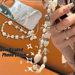 Dây chuyền điện thoại đính cườm nơ trắng Baroque - Trang trí chìa khóa ô tô - Mặt dây chuyền trang sức cô gái tinh tế - Ba lô DIY Charm treo - Quà tặng cho những người bạn thân nhất, trẻ em - Thời trang, Đa năng