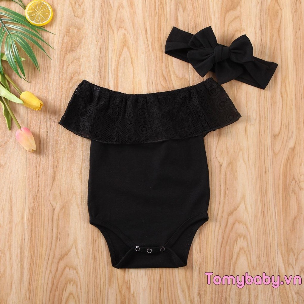 Bộ áo liền quần ren lệch vai cho bé gái + Băng đô nơ