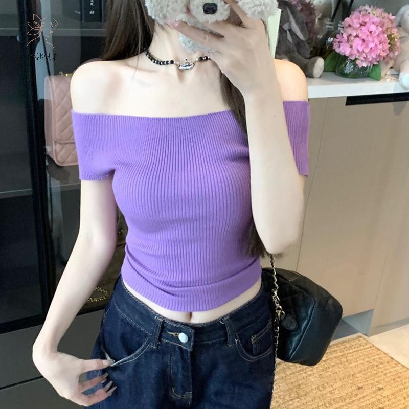 Hnkmp Xuân Hè Pure Desire Hot Girl Một Vai Slim Dopamine Dệt Kim Áo Tay Ngắn.