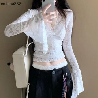 Meisha888 Nữ Gợi Cảm Cổ Chữ V Tay Áo Sơ Mi Ren Pure Desire Rỗng Mỏng Đẹp Crop Top