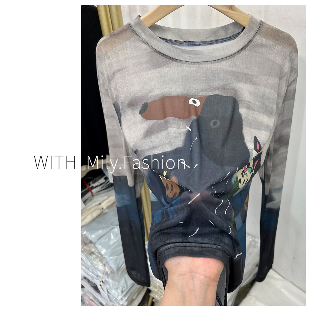 Milyfashion Áo Sơ Mi Nữ Mùa Hè Họa Tiết Động Vật, Tay Dài Ren, Cổ Tròn