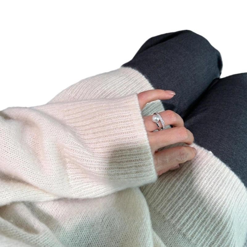 Nhẫn ngọc trai hai lớp bằng bạc Sterling Tính khí nữ Nhẫn mở ngón tay tinh tế