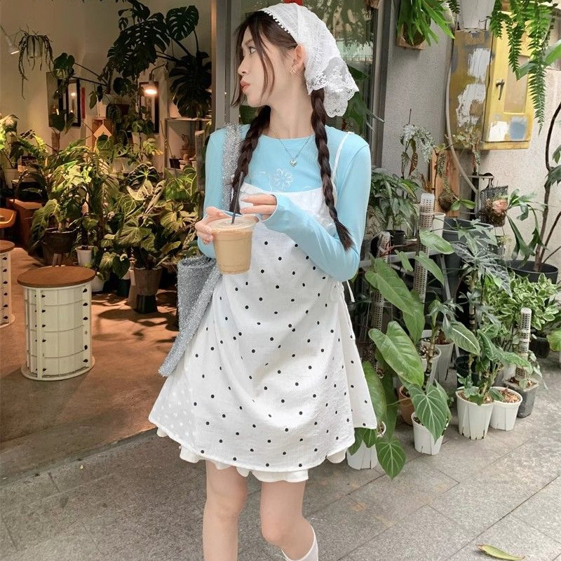 Bộ đồ nữ Áo thun lót mới + Váy ngắn chấm bi nhiều lớp Bộ hai mảnh
