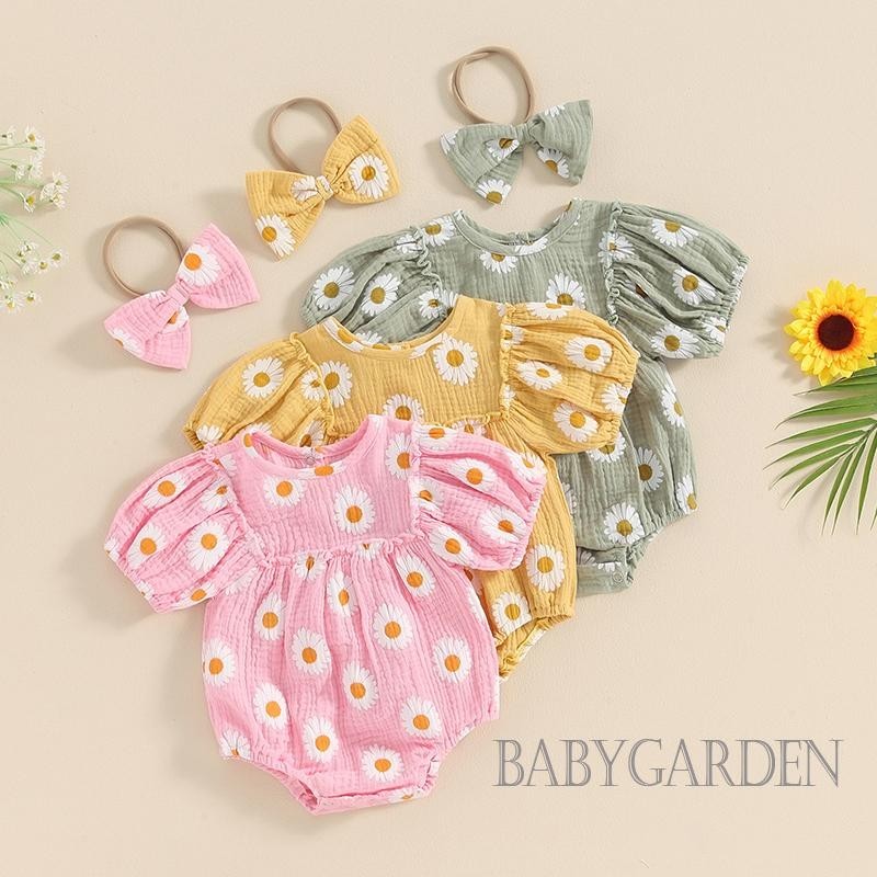 Baga-baby Bé Gái Rompers Có Băng Đô In Hoa Cúc Tay Ngắn Cổ Tròn Cho Trẻ Sơ Sinh Body Quần Áo Mùa Hè