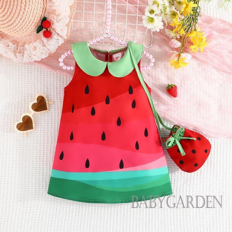 Baga-6tháng-3 tuổi Bé Gái Dưa Hấu In Hình Búp Bê Cổ Áo Không Tay Có Túi Thời Trang Mùa Hè Công Chúa Quần Áo Thường Ngày