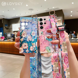 Ốp Lưng Dành Cho Samsung Galaxy S24 S23 UItra S22 S21 Plus S23 S20 S21 FE Tranh Sơn Dầu Kim Cương Hoa Giá Đỡ Điện Thoại Có Dây Đeo Ngang Lấp Lánh Bao
