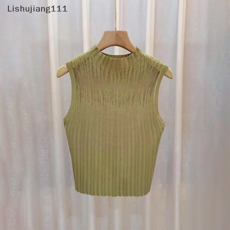 Li Mùa Hè Hàn Quốc Nửa Cổ Cao Cổ Rỗng Dệt Kim Áo Nữ Màu Trơn Không Tay Slim Top SHU