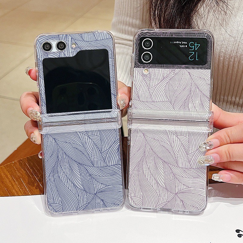 Họa Tiết Lá Trong Suốt Vỏ Điện Thoại Cho Samsung Galaxy Z Flip5 Flip4 Flip3 Full Bản Lề Cứng Trong Suốt Gấp Ốp Lưng Cho Samsung Z Flip 5 4 3
