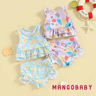 Mg-toddler Girl 's Summer Bikini 2 Chiếc Bộ Hình Sao Biển Không Tay Cổ Tròn Xù Áo Có Quần Short Đồ Bơi