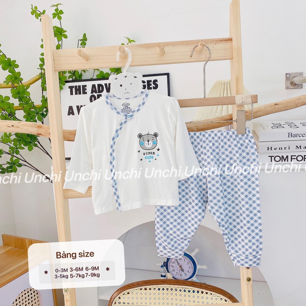 [UNCHI] Bộ dài sơ sinh pettit thiết kế viền chéo kẻ phối quần đáp đũng cho bé từ 4 tới 10kg nhiều màu lựa chọn - HD24