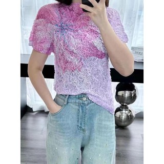 Miyake Cổ Tròn Rendering In Xếp Ly Co Giãn Ôm Hơn Nhìn Ngắn Tay Áo Thun Top Ngọt Ngào Xếp Ly Quần Áo