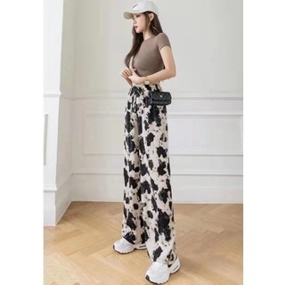 Quần ống rộng lụa băng nữ mùa hè mỏng lụa băng in mực tie-dye quần dáng rộng thường ngày lau quần xu hướng