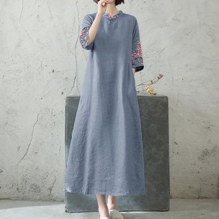 1401 Lần Mua Lại Văn Học Retro Phong Cách Dân Tộc Hàng Đầu Nữ Thêu Hoa Đầm Khóa Đứng Cổ Áo Năm Điểm Tay Áo Quần Áo Nữ 25.3.3