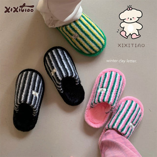 Xixitiao Phong Cách Mới Ấm Áp Sang Trọng Nhà Cặp Đôi Thu Đông Tương Phản Màu Sọc Cotton Dép Nam Nữ