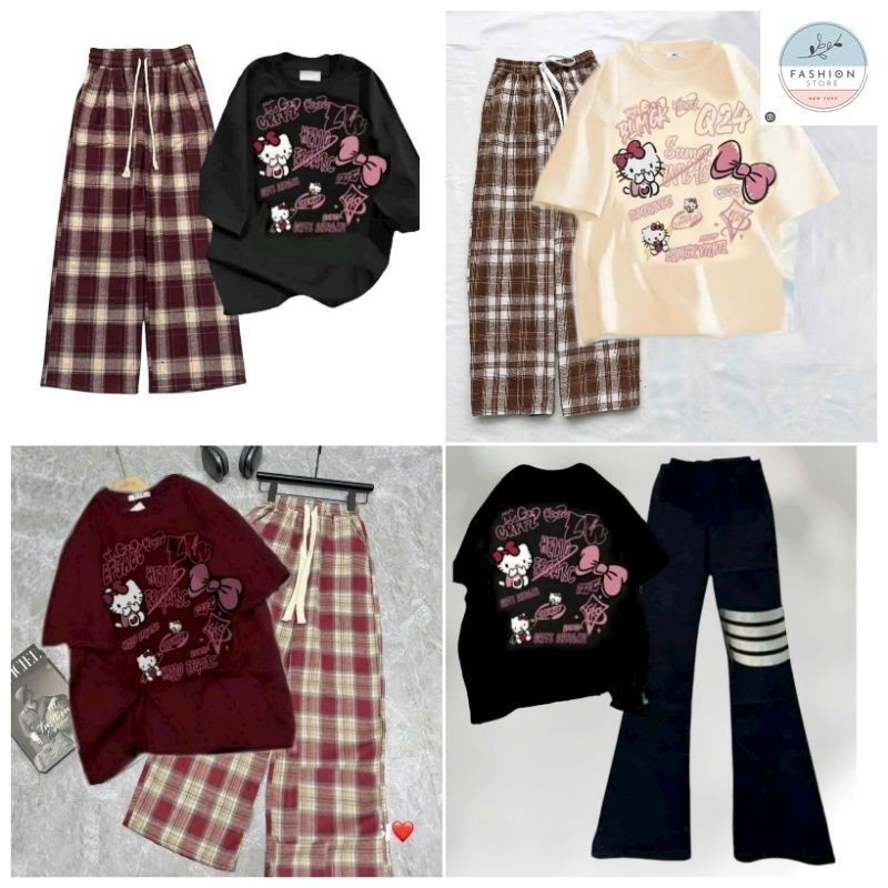 Tổng Hợp Các Sét Quần Ống Rộng + Mix Kèm Áo Phông hình MÈO Hê Lô Kít TYY -quần áo unisex94