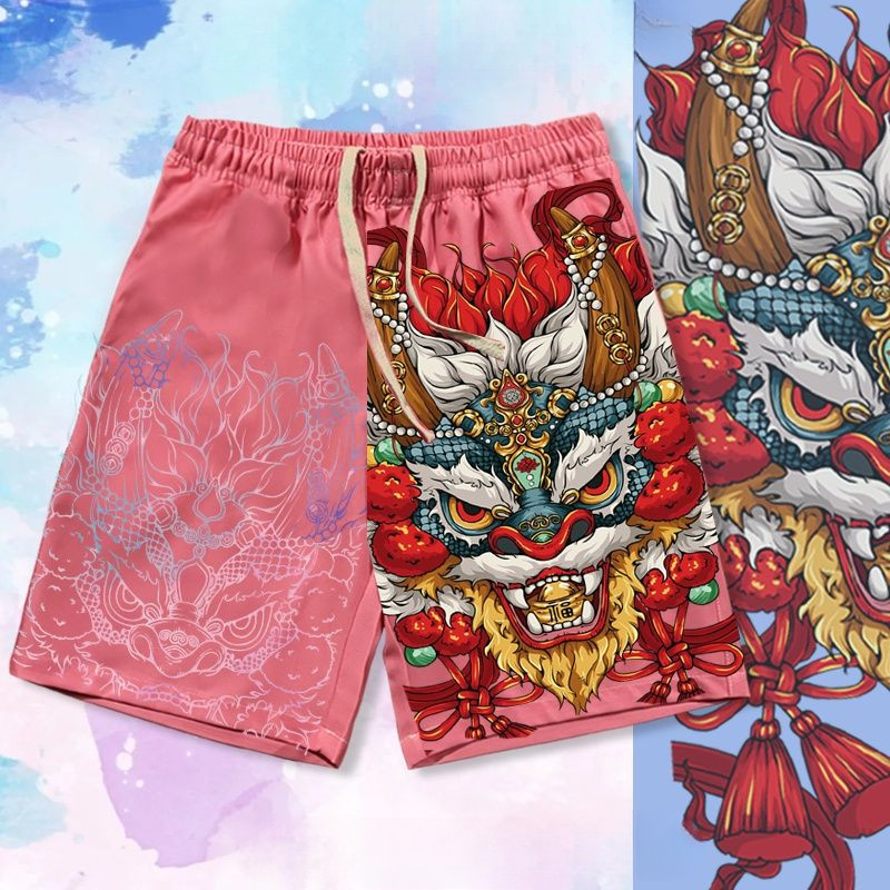 Quần short retro rộng rãi phong cách Trung Quốc, quần bãi biển Hawaii unisex thời thượng