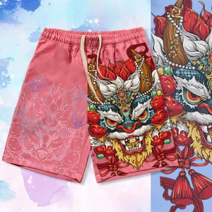 Quần short retro rộng rãi phong cách Trung Quốc, quần bãi biển Hawaii unisex thời thượng