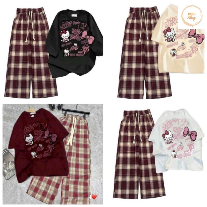Tổng Hợp Các Sét Quần Kẻ Caro màu ĐỎ  ống Rộng + Mix Áo Phông Form Rộng Tay Lỡ Cotton