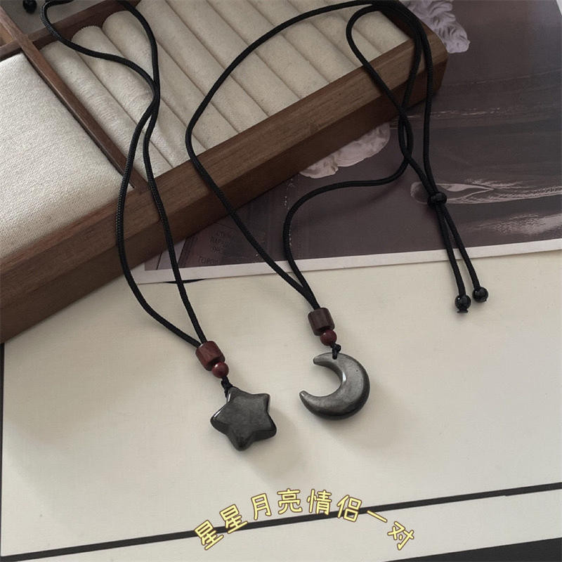 Mặt dây chuyền mặt trăng Obsidian tự nhiên Vòng cổ cặp đôi ngôi sao
