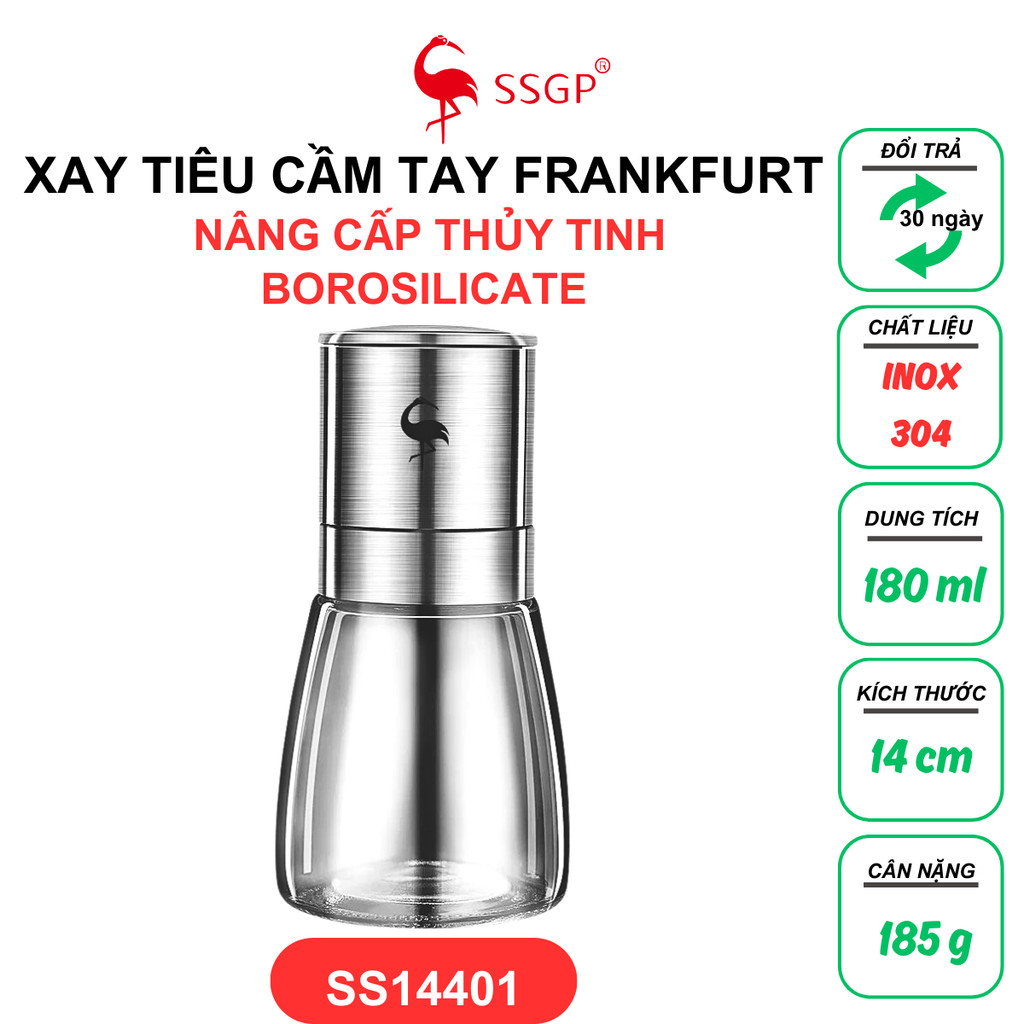 Dụng cụ xay tiêu cầm tay Inox 304 cao cấp của SSGP , SS14401 lọ xay tiêu, xay tiêu thủy tinh
