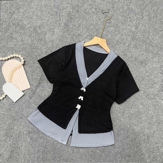 Áo thun kiểu Bigsize nữ thiết kế cổ tim vạt xẻ đính nơ vải gân tăm co giãn thoải mái ôm tôn thon gọn dáng - A271
