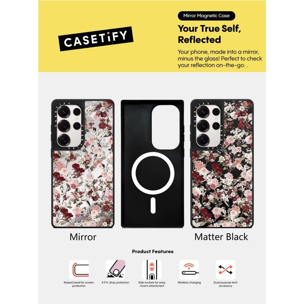 Casetify X Ốp lưng in hoa Matte Black & Sliver Mirror Vỏ hút từ tính Samsung Galaxy S23 S24 S25 Ultra Plus Mặt sau cứng có hộp khắc logo