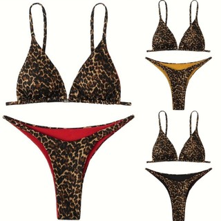 Đồ bơi nữ Tam giác da báo cổ chữ V hai mảnh Bikini Đồ bơi