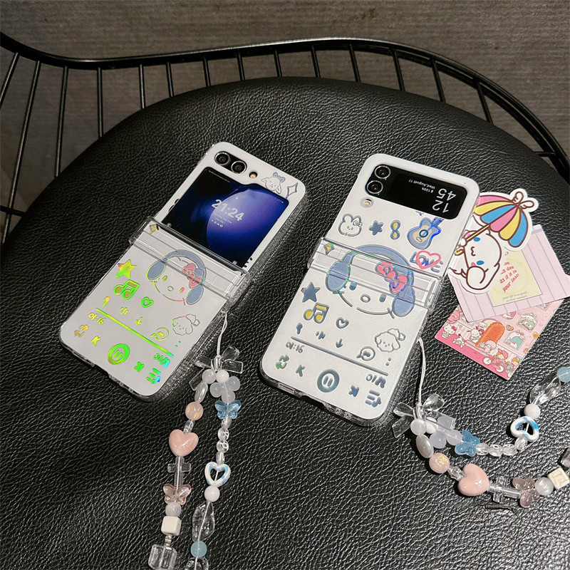 Giấy Laser Rock Nhạc Hello Kitty Vòng Tay Mèo Dây Đeo Tay Dây Xích Cứng Acrylic Vỏ Điện Thoại Cho Samsung Galaxy Z Flip 5 Flip 4 Flip 3 Ốp Lưng Chống Sốc