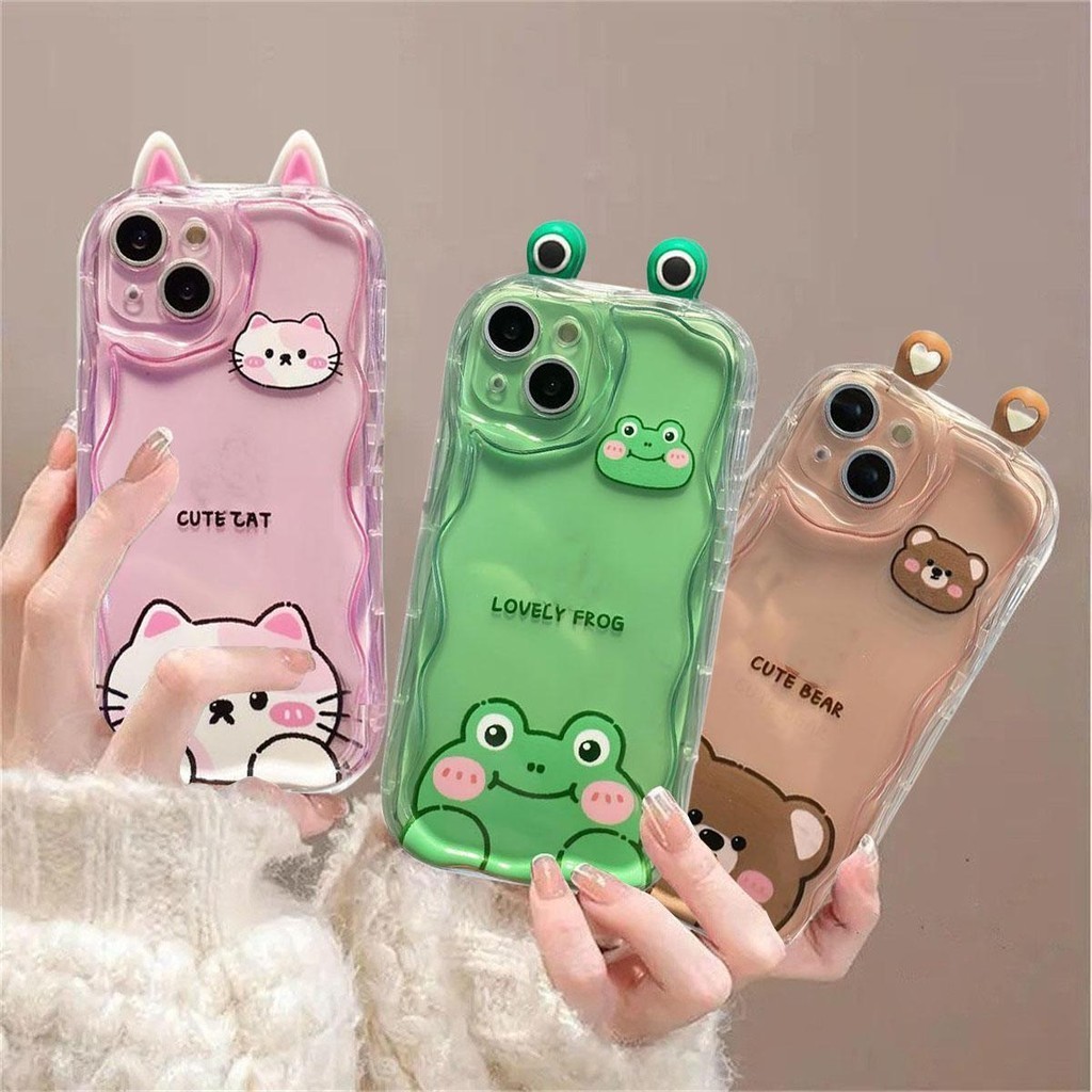 Ốp Tai Mèo Mắt Ếch 3D Dễ Thương Cho Samsung Galaxy A13 A53 A33 A73 A23 A05 A54 A14 A34 A24 A05 A05S A15 A55 A52 A72 Ốp Điện Thoại Viền Cong Thời Trang Trong Suốt