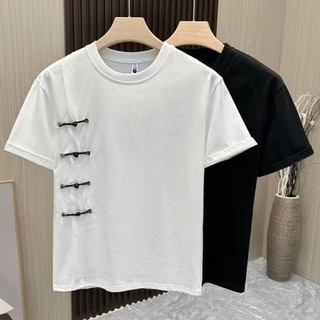 Áo thun Dichuangzhe Phong Cách Trung Hoa Mới Nút Ếch Tay Ngắn Đơn Giản Màu Trơn Rời Top Mùa Hè