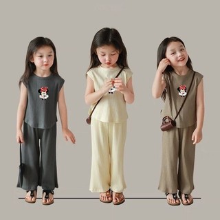(1-10Y) Trẻ Em Bé Gái Băng Lụa Phù Hợp Với Bé Gái Mùa Hè Màu Trơn Rời Áo Vest Không Tay Top Quần Bộ Hai Mảnh