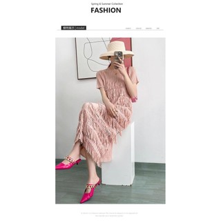 Miyake Mùa hè xếp ly cao cấp Phong cách nổi tiếng Slim-fit Tua rua khí chất màu trơn