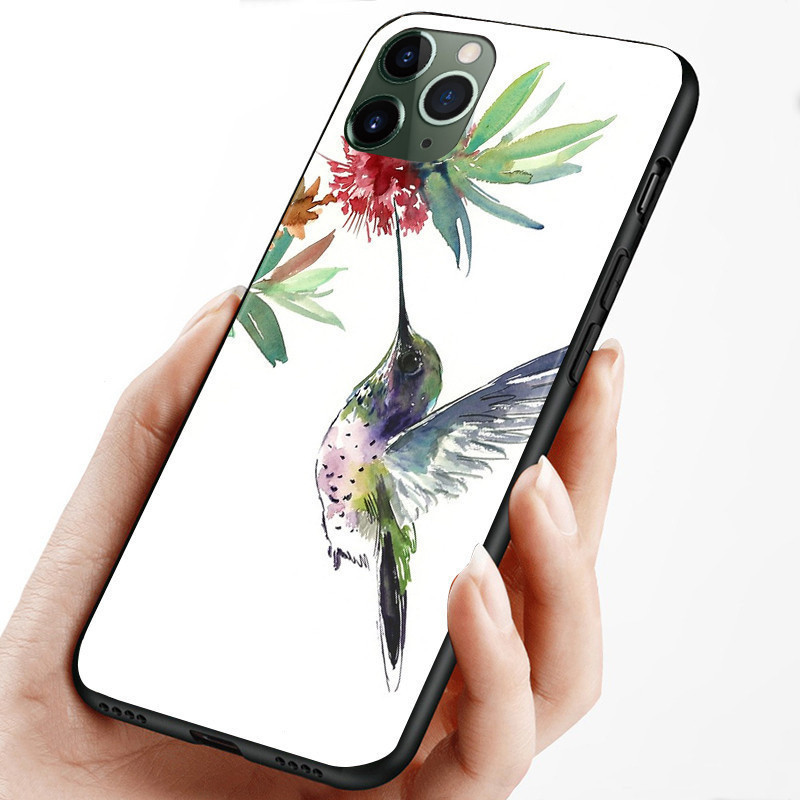 Ốp Điện Thoại Kính Cường Lực Hoa Và Chim Ruồi Cho IPhone 15 14 13 12 11 Pro XS Max Plus Mini X XR 8 7 6s SE2 / 3