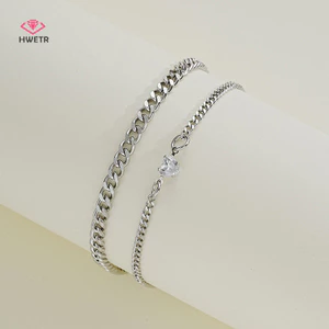 Hwetr Đơn Giản Thời Trang Thép Không Gỉ Vòng Tay Bộ Dành Cho Cặp Đôi Unisex Nữ Nam Nữ Tình Yêu Pha Lê Trái Tim Bạc Dây Xích Vòng Tay Trang Sức Quà Tặng Mới
