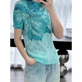 Miyake Cổ Tròn Rendering In Xếp Ly Co Giãn Ôm Hơn Nhìn Ngắn Tay Áo Thun Top Ngọt Ngào Xếp Ly Quần Áo
