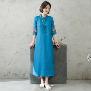 1401 Lần Mua Lại Văn Học Retro Phong Cách Dân Tộc Hàng Đầu Nữ Thêu Hoa Đầm Khóa Đứng Cổ Áo Năm Điểm Tay Áo Quần Áo Nữ 25.3.3