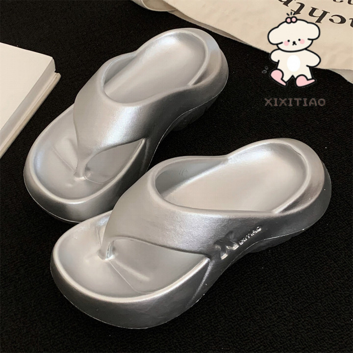 Xixitiao dép nữ đế dày EVA tăng chiều cao, thiết kế lật, phong cách ins, phù hợp đi biển mùa hè