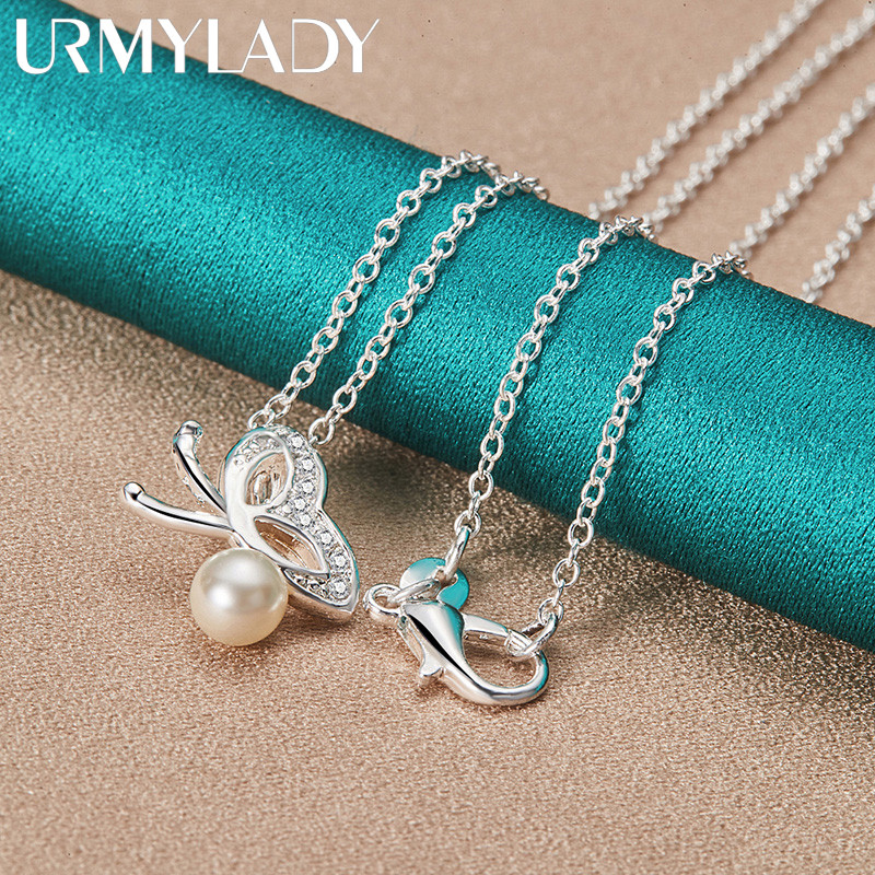 URMYLADY Bạc 925 Bướm Ngọc Trai Mặt Dây Chuyền 16-30 Inch Vòng Cổ Cho Nữ Trang Sức Thời Trang