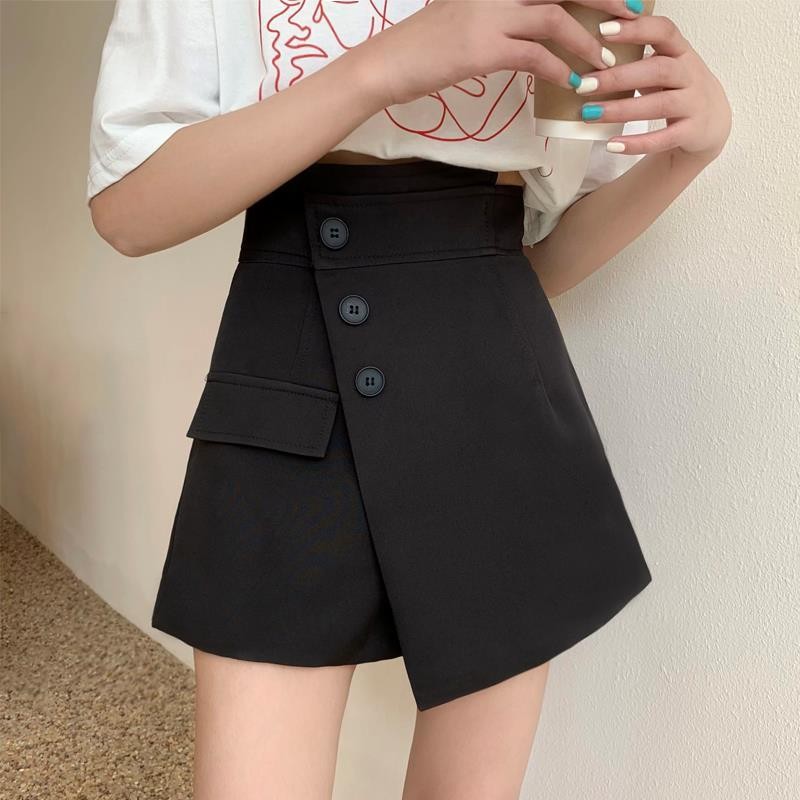 Váy Size Lớn Mùa Hè Eo Cao Chữ A Váy Ôm Hơn Nhìn Không Đều Đen Culottes Váy Ngắn