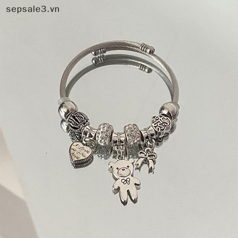 # Sepsale # Vòng tay quyến rũ đính cườm cổ Mặt dây chuyền gấu Trái tim tình yêu Vòng tay có thể điều chỉnh Vòng tay nữ Quà tặng trang sức DIY.