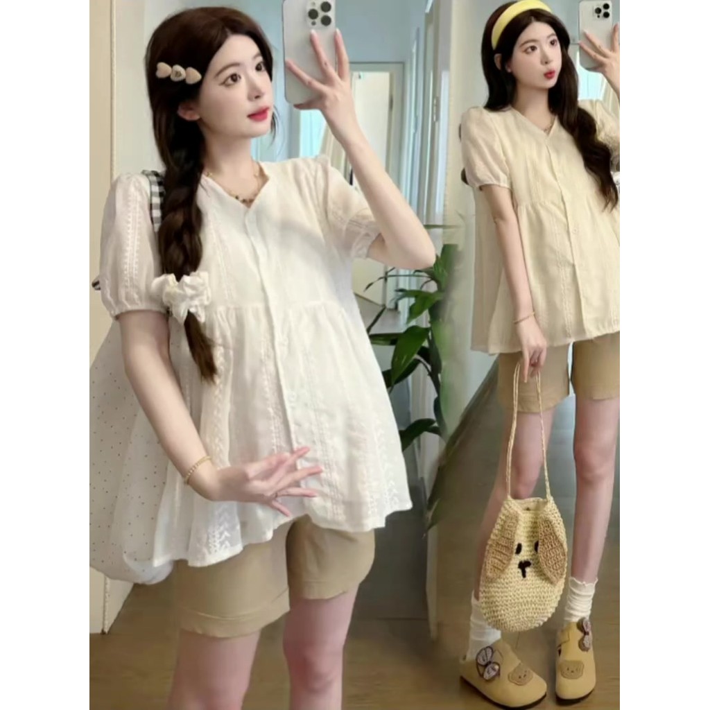 Bộ đồ bà bầu Áo sơ mi ren cổ chữ V ngắn tay mùa hè + Quần Short nâng bụng eo cao Bộ đồ hai mảnh