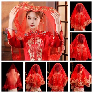 DAMAO Vàng Thêu Màn Cô Dâu Đỏ, Gạc Áo Cưới Ngắn, Retro Ren Lưới Thanh Lịch Cưới Bao Đề Nghị