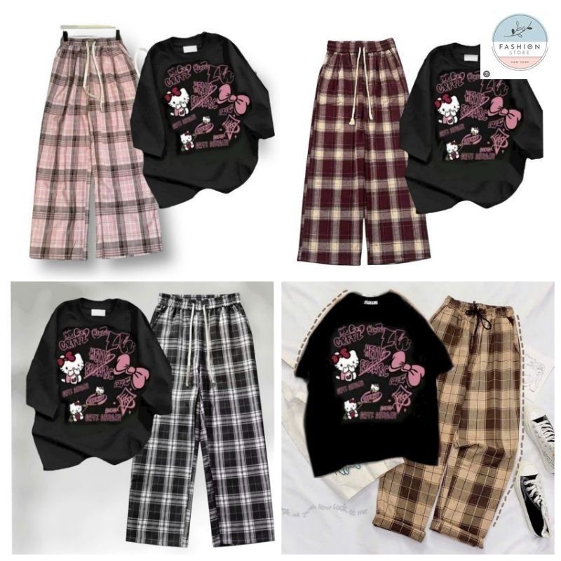 Tổng Hợp Các Sét Quần Ống Rộng + Mix Áo Phông Hình Mèo HÊ LÔ KÍT TI form rộng - Hình Mèo Màu ĐEN-Quần áo 94