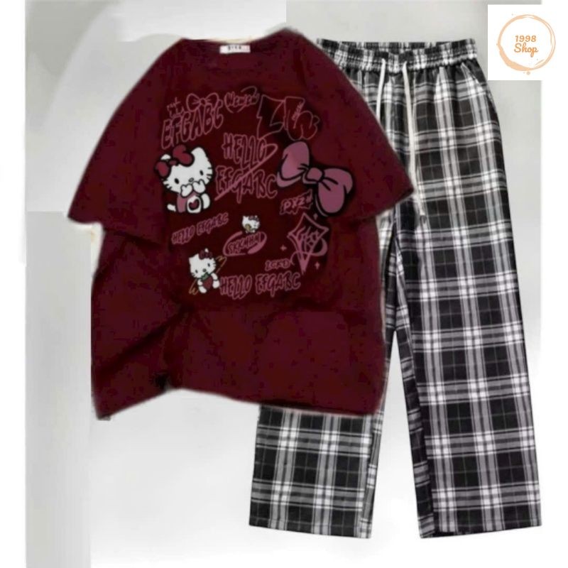 Tổng Hợp Các Sét Quần Kẻ Caro Đen ống Rộng + Mix Áo Phông Mèo HÊ LÔ KÍT TI Form Rộng Tay Lỡ Cotton