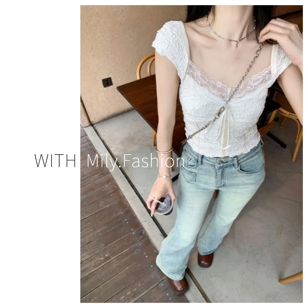 Milyfashion Ren Dệt Kim Sling Pure Desire Slim-fit baby tee Xếp Ly Vải Ruy Băng Nơ Ngắn Top