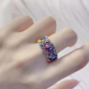Nhẫn mở phong cách dân tộc bằng bạc sterling xanh men vintage thanh lịch