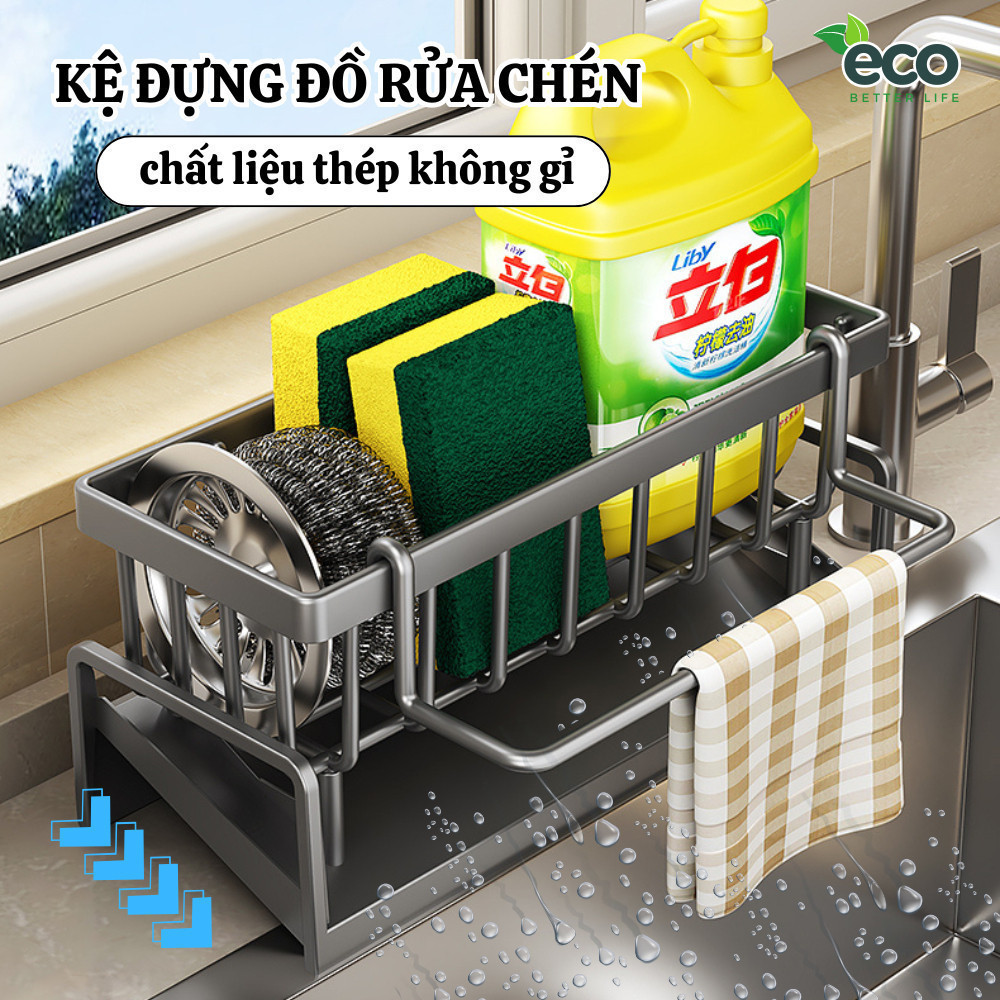 Kệ để đồ rửa chén bát, Giá đựng đồ rửa bát chất liệu thép không gỉ tích hợp giá treo khăn tiện lợi kèm móc